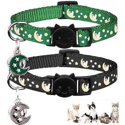 Baeuppit 2Pcs Breakaway Cats Collars Cat Collars for Boy & Girl Cats Adjustable Kitten Collars with Bell,Black+Emerald,8"-13.1" - color: Black+Emerald, size: 8.0-13.1"