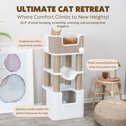 Trixie Lucano 43.3-in XXL Cat Tree, Indoor Cat Furniture with Jute Scratching Posts, Sisal and Plush Covered Condo, Dangling Interactive Toys, Brown - color: Brown, size: 43" Tall