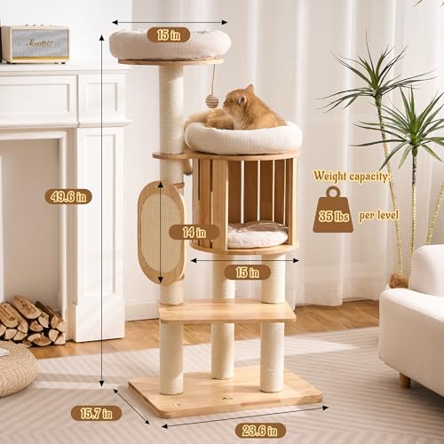 Modern Solid Wood Cat Tree for Indoor Cats Large Adult, 50in Tall Cat Tower with Sisal Scratching Posts, Cat Scratcher Cardboard, Cozy Cat Beds Cave Condo, Multi-Level Cat Furniture - color: Natural
