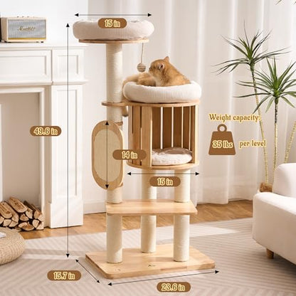 Modern Solid Wood Cat Tree for Indoor Cats Large Adult, 50in Tall Cat Tower with Sisal Scratching Posts, Cat Scratcher Cardboard, Cozy Cat Beds Cave Condo, Multi-Level Cat Furniture - color: Natural