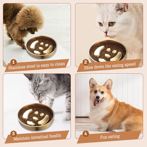 Golden Stainless Steel Slow Feeder Dog Bowls – Non-Slip Metal Dog Bowl for Large & Medium Breeds, Puppy Puzzle Feeder – 2 Cup Capacity for Small to Big Pets – Durable Slow Feed Dog & Cat Food Dish - color: Face-Golden