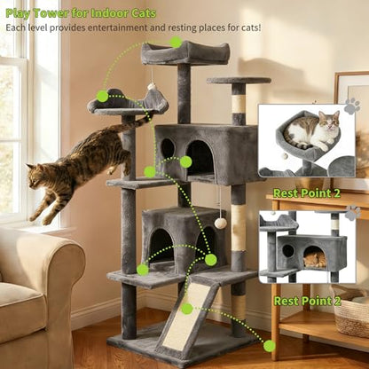 Pawly 52.5" Large Cat Tree with 2 Condos & Sisal Ramp, Premium CARB P2-Compliant Particle Board, 350G Plush Sturdy Cat Tower for Large Breeds, Senior Cats & Multi-Cat Household, Gray