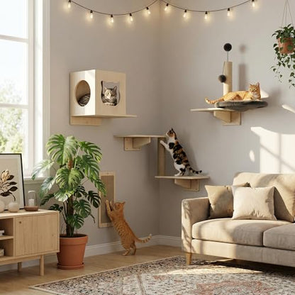 Cat Wall Shelves, Wooden Multi-Level Cat Climbing Furniture, House, Steps, Sisal Scratcher, Perches Bed & Ball, Space-Saving Wall Mounted Cats Shelves for Play & Rest - size: 4-in-1 Cat Shelves