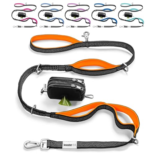 Heavy Duty Dog Leash for Large Dogs – 6FT Reflective Bungee with Padded Handles, Strong Carabiner Clip, No Pull Control for Medium & Large Breeds, Includes Poop Bag Holder & Treat Pouch (Orange) - color: Orange