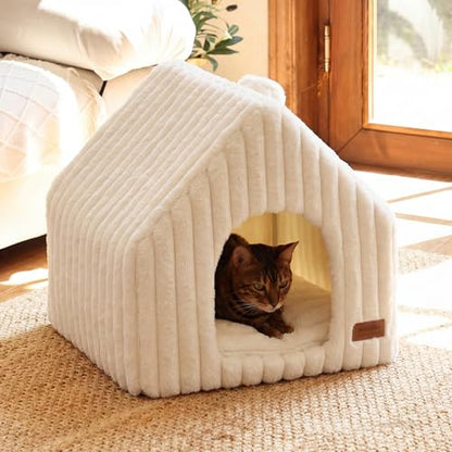 FUKUMARU Cat Houses for Indoor Cats, Washable Cute Cat Bed Cave with Removable Pillow, Large Semi-Enclosed Cozy Dog House Indoor, Soft Faux Rabbit Fur Kitten Bed, 17.5-Inch Cat Hideaway, Cream - color: Cream