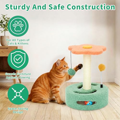 Small Cat Scratching Post 13.98" Cat Tree for Indoor Cats — Sisal Scratcher with Hanging Ball & Track Toy — Keeps Cats Happy, Helps Protect Your Furniture — Easy to Assemble