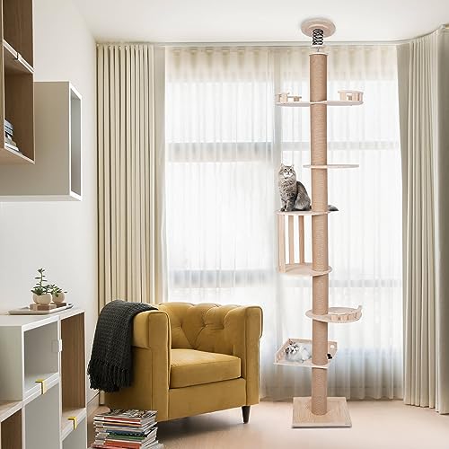 Modern Wooden Floor-to-Ceiling Cat Tree Tower, with Natural Sisal Rope Scratching Post, Height 100.4-104.3 Inch, Activity Center Cat Climbing Tower for Kittens & Large Cats