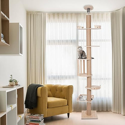 Modern Wooden Floor-to-Ceiling Cat Tree Tower, with Natural Sisal Rope Scratching Post, Height 100.4-104.3 Inch, Activity Center Cat Climbing Tower for Kittens & Large Cats