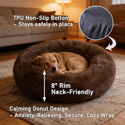 Calming Donut Dog Beds for Small Dogs Cats - Washable Removable Cover Non-Slip Bottom, Round Pet Bed Puppy Bed Warming Fluffy Faux Fur Anti-Anxiety, Fits up to 25 lbs (Coffee, 23") - color: Coffee, size: 23"L x 23"W x 8"Th