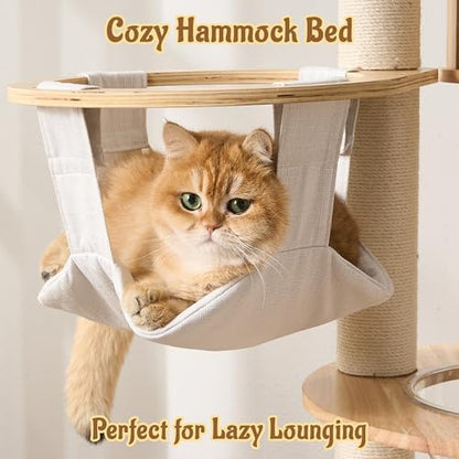Modern Cat Tree Tower with Scratching Post, 61.5in Tall Cat Tree for Indoor Cats, Multi-Level Solid Wood Cat Furniture with Cozy Cat Beds, Condo, Hammock, Capsule Nest, Turntable Toy, Natural - color: 61.5"-V-Natural