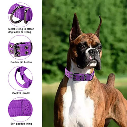 Reflective Dog Collar Heavy Duty Tactical with Control Handle and Metal Buckle for Dog Training(M,Purple) - color: Purple, size: Medium (Pack of 1)