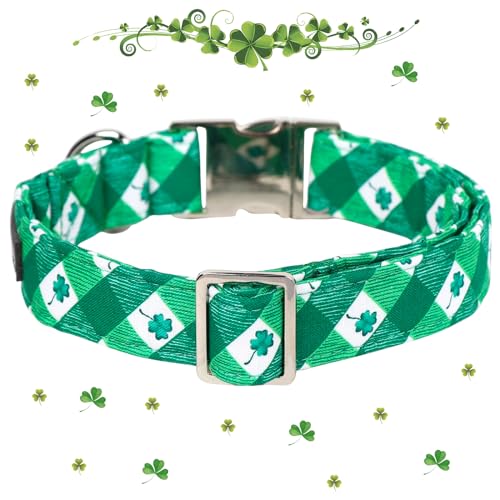 Maca Bates St Patricks Day Dog Collar Irish Clover Dogs Collars Plaid Green Spring Adjustable Durable Saint Patrick's Shamrock Spring Gift for Small Medium Large Girl Boy Male Female Puppy - color: St. Patrick--clover grid, size: S