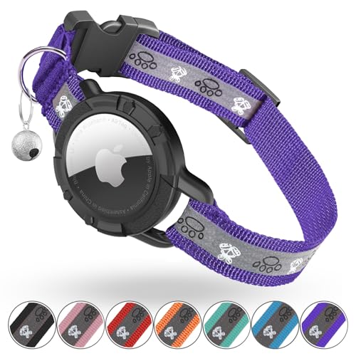 Reflective AirTag Cat Collar, Integrated Cat Tracker Collar with Air Tag Holder and Bell, Safety Elastic Band Cat GPS Collars for Girl Boy Cats, Kittens and Puppies (Purple, XS) - color: Purple, size: XS(7"-9")