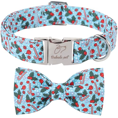 Christmas Dog Collar with Bow Tie - Cute Christmas Cherry & Candy Pattern Blue Puppy Collar, Adjustable Metal Buckle Winter Holiday Bowtie Dog Collars for Small Medium Large Dogs XS - color: B-Blue Xmas Polka Dot, size: XS