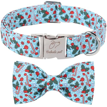Christmas Dog Collar with Bow Tie - Cute Christmas Cherry & Candy Pattern Blue Puppy Collar, Adjustable Metal Buckle Winter Holiday Bowtie Dog Collars for Small Medium Large Dogs XS - color: B-Blue Xmas Polka Dot, size: XS