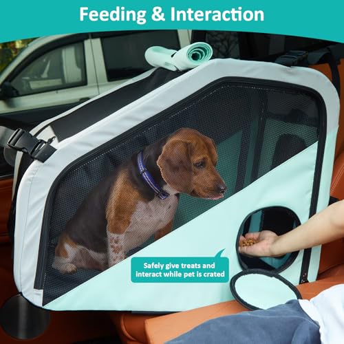 Ownpets Portable Dog Crate for Car, Collapsible Dog Travel Crate for Medium Dogs Up to 66lbs, with Seatbelt and Headrest Strap, Soft Pet Carrier for Car Back Seat, Indoor and Outdoor