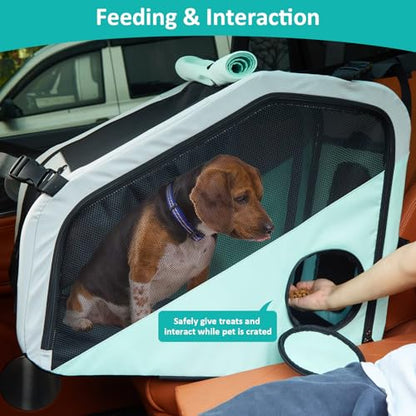 Ownpets Portable Dog Crate for Car, Collapsible Dog Travel Crate for Medium Dogs Up to 66lbs, with Seatbelt and Headrest Strap, Soft Pet Carrier for Car Back Seat, Indoor and Outdoor