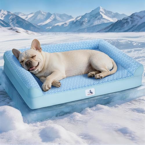 Cooling Dog Bed with PCM, Instant Chill Pet Sofa for Small Dogs, Orthopedic Egg Crate Foam with Bolster Sides, Washable & Waterproof Dog Couch, Non-Slip Bottom, Blue 30"x20"x6" - color: Glacier Blue, size: 30x20x6inch
