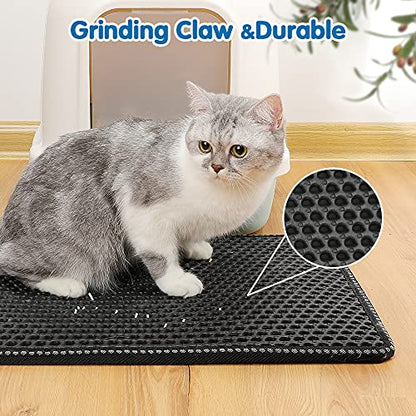 Cat Litter Mat Double Layer, Kitty Litter Trapping Mat with MiLi Rice-Shape Design, Waterproof & Urine-Proof EVA, Easy Clean Scatter Control Mat for Litter Box, 21" x 14", Black