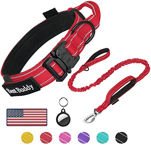 AUBELL Tactical Dog Collar and Leash Set, Reflective Adjustable Heavy Duty Military K9 Collars with Handle and Metal Buckle for Medium Dogs, with Airtag Case and 2 Patches(Red,M) - color: Red Set, size: M(13.5"-17")