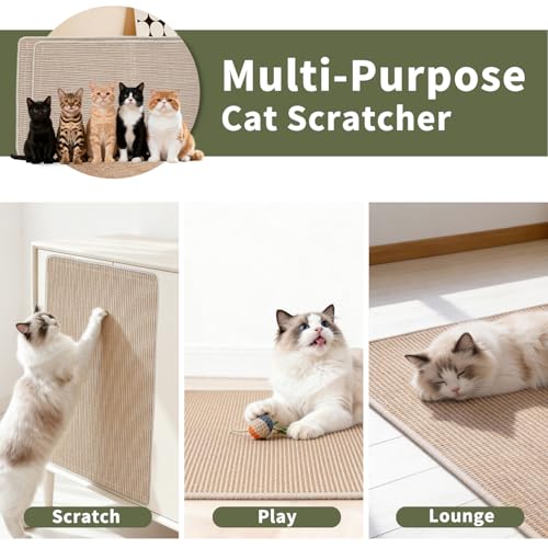 Cat Scratcher Mat, 39.3"x 23.6" Natural Sisal Cat Scratch Mat with Velcro Tape, Scratching Rug Pad for Indoor Cats, Furniture Protector, Floor Carpet, Wall Pad, L, Beige - size: 39.3"x 23.6"