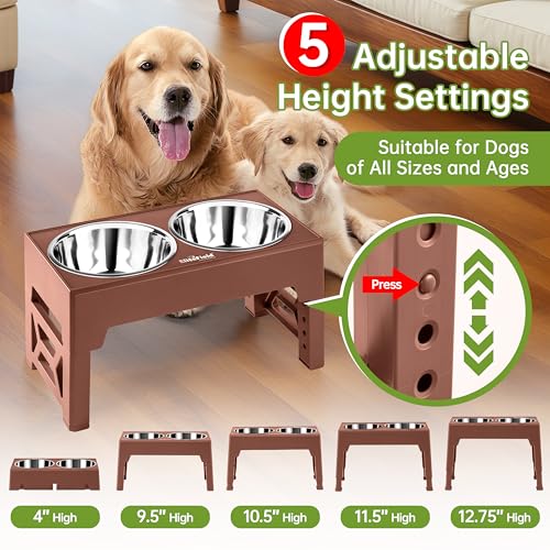 EliteField Elevated Dog Bowls (2-Year Warranty), Two 58 oz Stainless Steel Food Bowls, 5 Adjustable Raised Heights (4", 9.5", 10.5", 11.5", 12.75") Suitable for Dogs of All Ages, Small to Large Sizes - color: Brown, size: 2 Stainless Steel Bowls