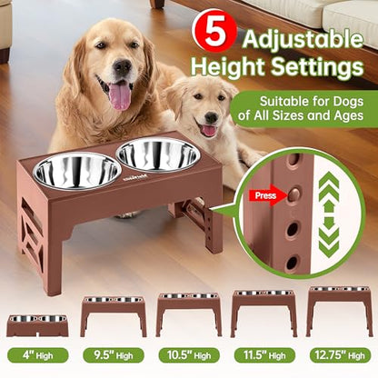 EliteField Elevated Dog Bowls (2-Year Warranty), Two 58 oz Stainless Steel Food Bowls, 5 Adjustable Raised Heights (4", 9.5", 10.5", 11.5", 12.75") Suitable for Dogs of All Ages, Small to Large Sizes - color: Brown, size: 2 Stainless Steel Bowls