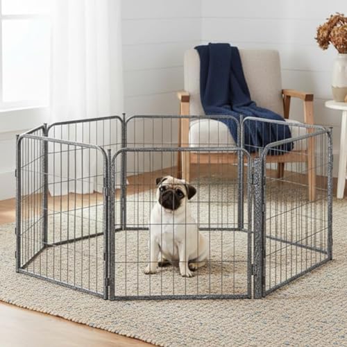 Dog Play Pen for Indoor Use - 40'', 8 Panels for Medium and Large Size Dogs - Portable Grey Playpen Kennel for House or Garage - Metal Heavy Duty Pet Fence with Anti-Slip Feet - size: 40 Inches