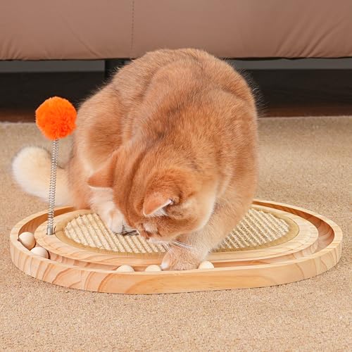 Cat Scratch Pad with Ball Track and Spring Toy, Wooden Cat Scratcher with Sisal Scratching Mat, Ball Track System and 3 Replacement Toy for Cats Scratching,Chasing and Playing (Nature Wood)