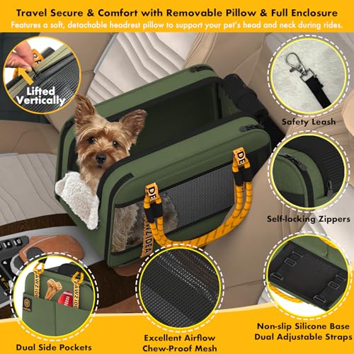PAWZIDEA Center Console Dog Car Seat, Enclosed Small Dog Armrest Booster Carseat, Secure Straps &Anti Slip, Portable TSA Approved Puppy Pet Carrier Soft-Sided, Removable Pillow Storage Pocket, up 12lb - color: Forest Green