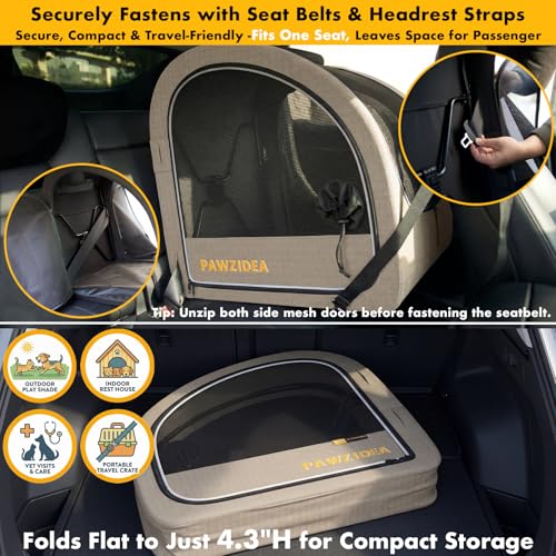 PAWZIDEA Portable Dog Crate for Car, 45% Extra Tall Travel Kennel for Medium & Large Dogs up to 80lbs Sit Upright, Enclosed Soft-Sided Backseat Carrier Collapsible, Secure w/Seatbelt & Headrest Strap - color: Khaki Plaid, Large