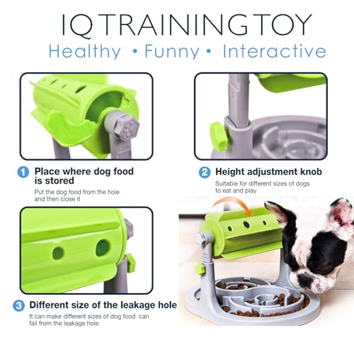 Interactive Dog & Cat Food Puzzle Toy - Treat Boredom Dispensing Slow Feeder - Anxiety IQ Training in Smart Feeding and Adjustable Height for Small/Medium Dogs - color: Green Puzzle Feeder