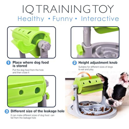 Interactive Dog & Cat Food Puzzle Toy - Treat Boredom Dispensing Slow Feeder - Anxiety IQ Training in Smart Feeding and Adjustable Height for Small/Medium Dogs - color: Green Puzzle Feeder