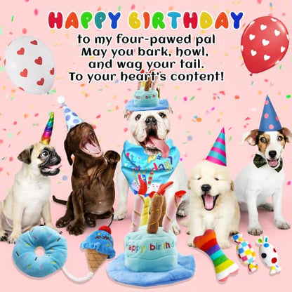 lilfrd Dog Birthday Toy Set, 9Pcs Plush Pet Toy for Small Dogs, Includes Squeaky Cake Hat, Bandana, Dessert Themed Toys, Balloons, for Dog Birthday Party - style: Blue Birthday Pack