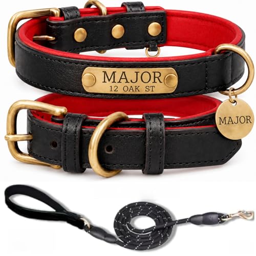 Leather Dog Collar Personalised and Leash Set, Personalized with Soft Padded Design Heavy Duty Featuring Custom Engraved Name Plate for Small Medium and Large Dogs - color: Black collar with leash, size: M:（neck 28-37cm,width 2cm）