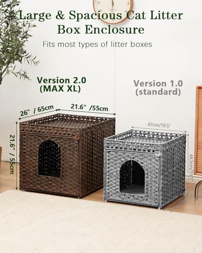 SETVSON Cat Litter Box Enclosure Furniture, Large Hidden Litter Box Furniture, Handwoven Rattan Cat House Cabinet, One Mat, Two S-Shaped Hooks, Living Room, Apartment 21.6 X 26 X 21.6 Inches, Brown - color: Brown, size: XL
