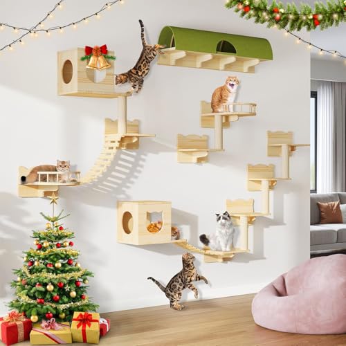 Cat Shelves for Wall, 18-in-1 Solid Wood Wall Mounted Cat Wall Shelves with Tunnel, Scratching Post, Steps & Bridge Ladder, Multi-Level Cat Climbing System, Space Saving, Floating Cat Shelves - color: Burlywood, size: 18-in-1