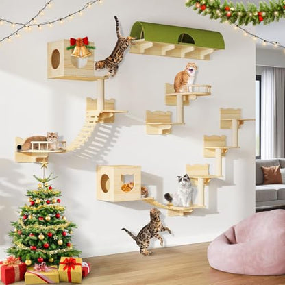 Cat Shelves for Wall, 18-in-1 Solid Wood Wall Mounted Cat Wall Shelves with Tunnel, Scratching Post, Steps & Bridge Ladder, Multi-Level Cat Climbing System, Space Saving, Floating Cat Shelves - color: Burlywood, size: 18-in-1