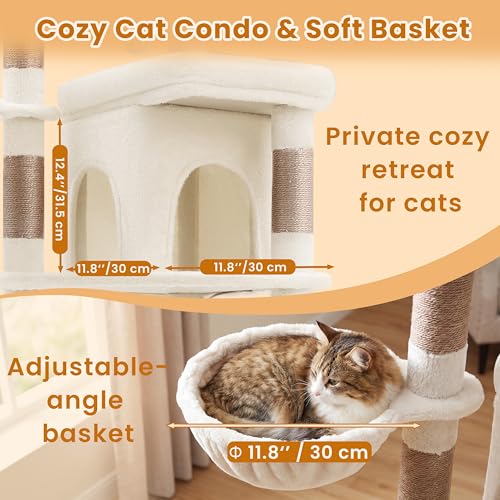 Heybly Cat Tree, 56-Inch Multi-Level Easy Climb Tower for Large Cats, Cat Furniture with 2 Perches, Cozy Hammock, Spacious Condo & Cat Basket, Durable Sisal Scratching Posts, Beige HCT028MJ - color: Beige