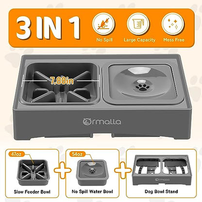 Elevated Slow Feeder Dog Bowls with No Spill Water Bowl, Raised Bowl for Large Medium Small Dogs, Food Stand Splash Guard, 4 Heights 3.7'', 8.5'', 10.1'', 11.7'', Grey (GW03)