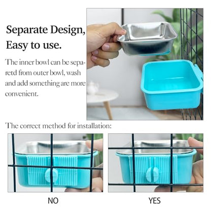 kathson Crate Dog Bowl, Removable Stainless Steel Hanging Pet Kennel Cage Bowl Food & Water Feeder Coop Cup for Puppy, Cat, Rabbit, Guinea Pigs 2pcs Small Square(Blue, Green) - color: Square (Blue, Green), size: 2 PCS