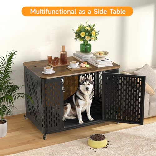 ONBRILL Heavy Duty Dog Crate Furniture for Large and Medium Dogs, 43.7 Inch Large Dog Crate Kennel with Flip Top & Cushion & Wheels, Escape Proof Pet Cage,Wooden Cage Kennel Furniture Indoor - size: 43.7"L x 29.9"W x 31.7"H