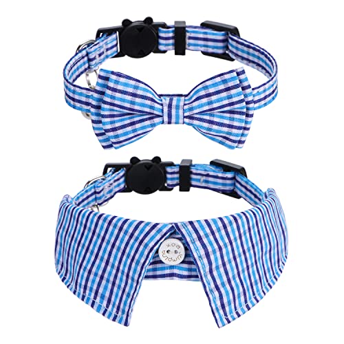 Faleela 2 Pack/Set Cat Collar with Cute Bow Tie and Bell,Breakaway Plaid Shirt Collar for Kitty Adjustable Safety - color: 2023new-Blue Plain