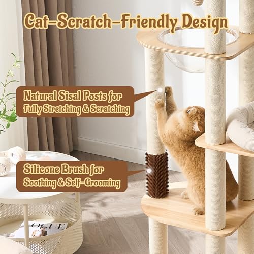 Modern Solid Wood Cat Tree for Indoor Cats Up to 15lbs, 60" Tall & Wide Cat Tower with Scratching Posts, Scratcher & Self-Grooming, Large Cat Beds, Capsule Nest, Multi-Level Cat Furniture - color: 60"Natural