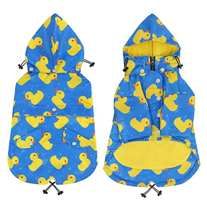 HDE Dog Raincoat Poncho Double Layer Zip Rain Jacket with Removable Hood, Leash Hole for Small to 3XL Dogs and Puppies Ducks Blue - L - color: Ducks Blue, size: Large