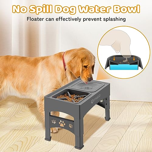 Elevated Slow Feeder Dog Bowls with No Spill Water Bowl, Raised Bowl for Large Medium Small Dogs, Food Stand Splash Guard, 4 Heights 3.7'', 8.5'', 10.1'', 11.7'', Grey (GW03)