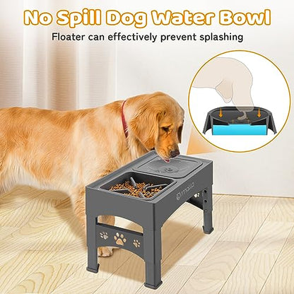 Elevated Slow Feeder Dog Bowls with No Spill Water Bowl, Raised Bowl for Large Medium Small Dogs, Food Stand Splash Guard, 4 Heights 3.7'', 8.5'', 10.1'', 11.7'', Grey (GW03)