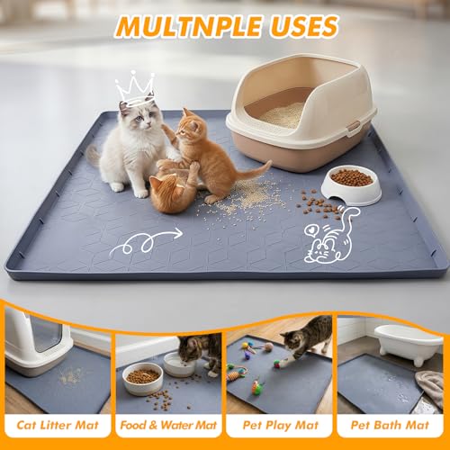 Silicone Cat Litter Mat for Litter Box, 31" x 22" Large Leak-Proof Tray, Scatter Control for Cat Litter, Soft Durable Material, Waterproof & Easy Clean Mat for Indoor Cats, Gray