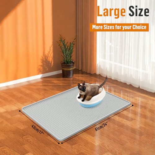 Silicone Cat Litter Mat, 24" x 17" Large Cat Litter Box Mat Litter Trapping Mat for Scatter Control, Waterproof, Soft on Kitty Paws, Clean Floor (Grey) - size: 24"L x 17"W