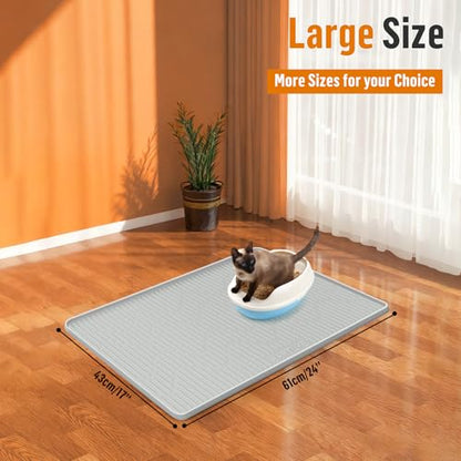 Silicone Cat Litter Mat, 24" x 17" Large Cat Litter Box Mat Litter Trapping Mat for Scatter Control, Waterproof, Soft on Kitty Paws, Clean Floor (Grey) - size: 24"L x 17"W